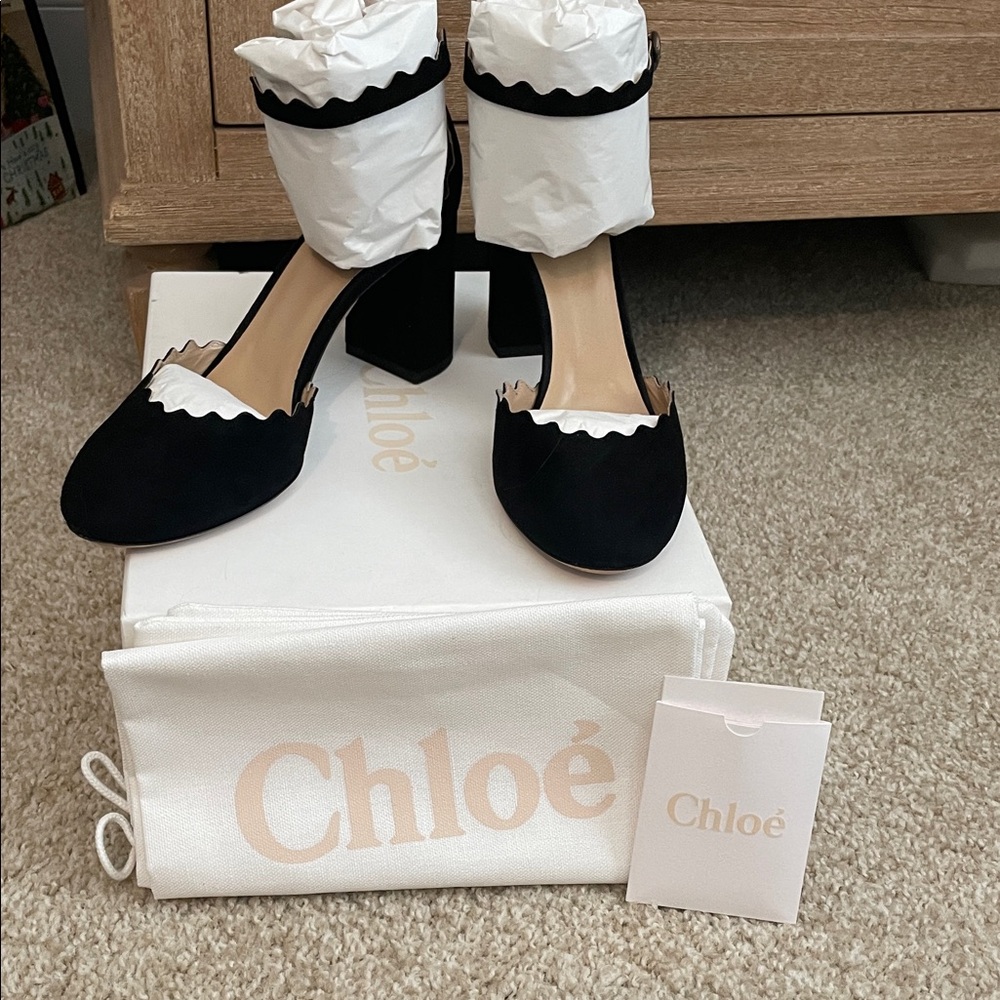 BNIB Chloe Lauren Ankle-Strap Suede Block Heel Pumps